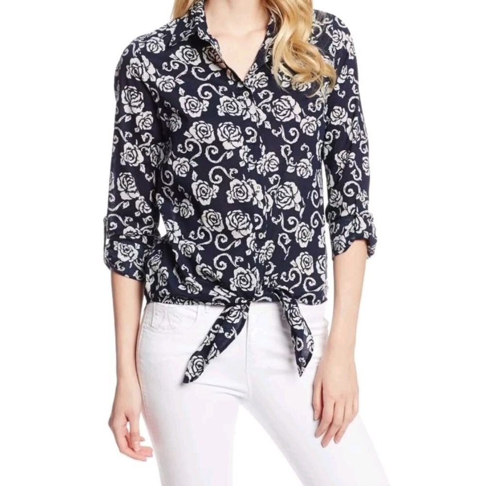 Women's Button Up Sz S Floral Roll Tab Sleeve Blue White Chic Nautical Coastal